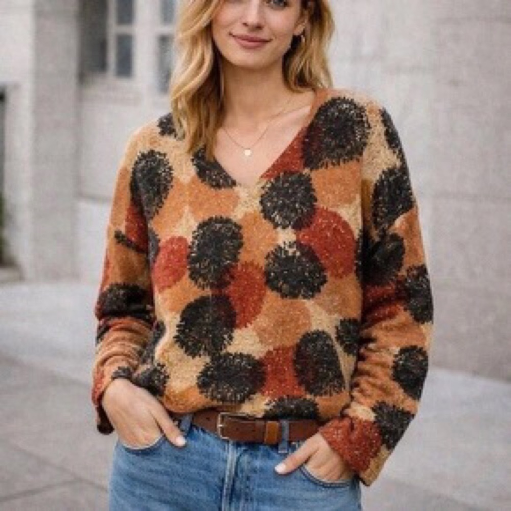 VTG Carole Little 70% Lambswool 20% Angora Abstract Flower V-Neck Fall Sweater